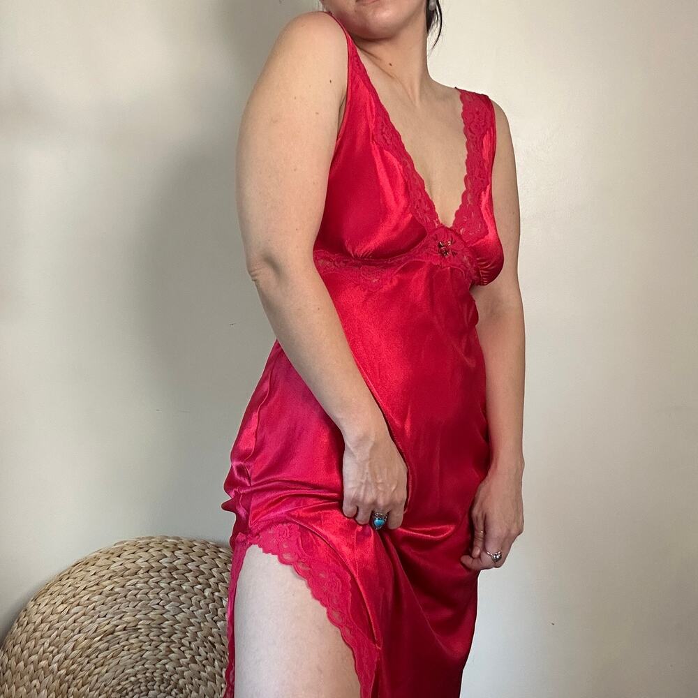 Vintage California Dynasty Red Satin Lace Lingerie Slip Dress w/ Leg Slit Sz S - Picture 7 of 10